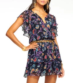 Printed Averill Flutter Sleeve Mini Dress Navy Jardin